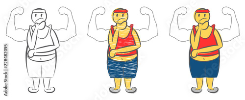 Overweight man dreaming about muscular body. Weight loss concept. Character pretend to be strong man. Young fat guy dreaming to be strong. Hand drawn cartoon doodle vector illustration.