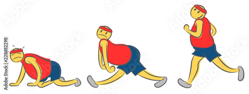 A running man pose in various emotion. Tired guy runner taking a rest. Athlete character fell to the ground without strength. Stopping to get air. Run, get tired, get down. Doodle vector illustration.