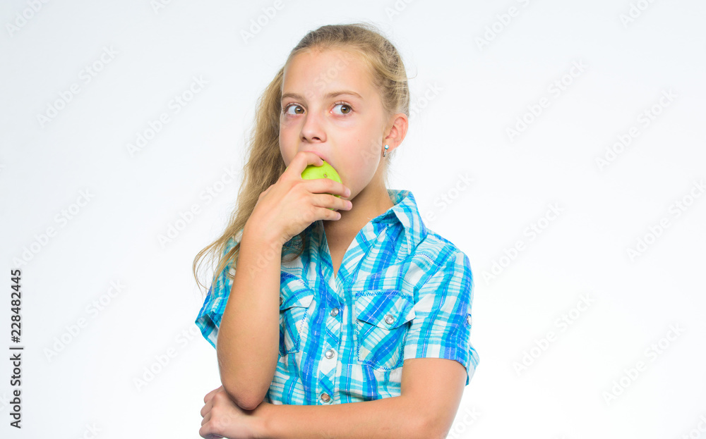 Good nutrition is essential to good health. Find out which vitamins and minerals your body need. Kid girl eat green apple fruit. Nutrition vitamin content of apple. Vitamin nutrition concept Good nutrition is essential to good health. Find out which vitamins and minerals your body need. Kid girl eat green apple fruit. Nutrition vitamin content of apple. Vitamin nutrition concept
