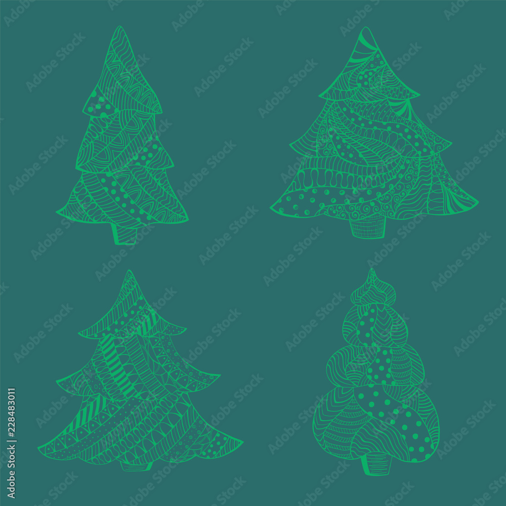 Set with Green Isolated Patterned Christmas Trees