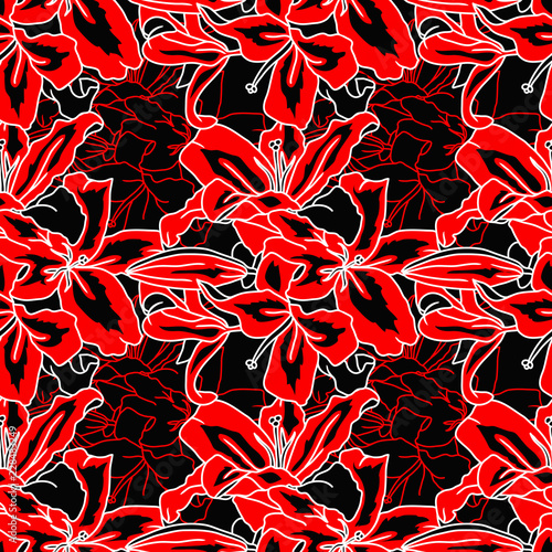 Red and black lilly flowers seamless pattern. Vector illustration. photo