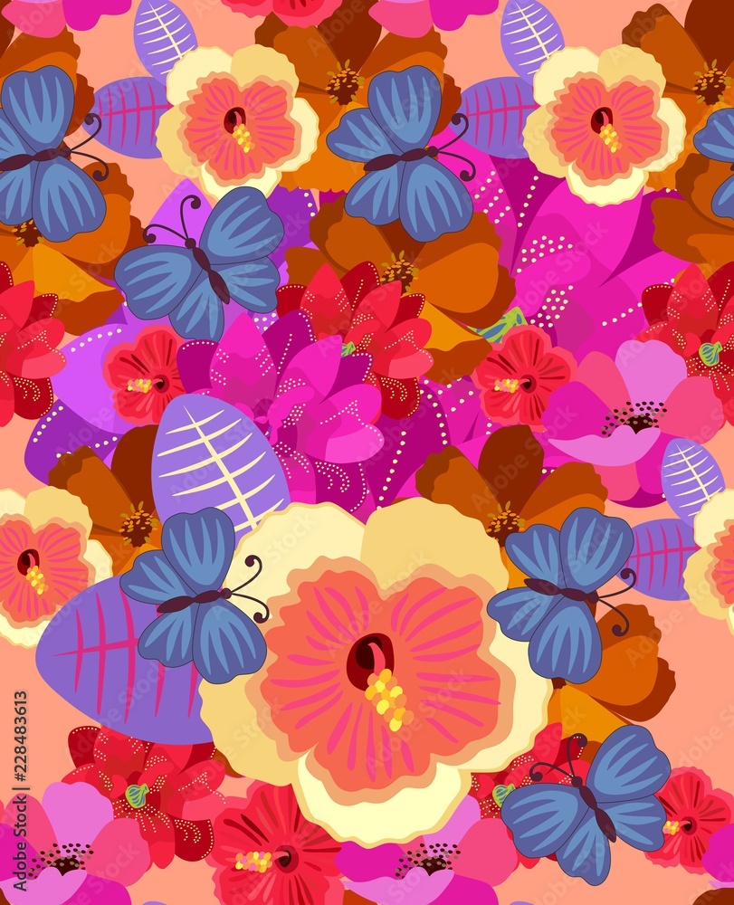 Seamless floral tropical pattern with exotic flowers and big blue ...