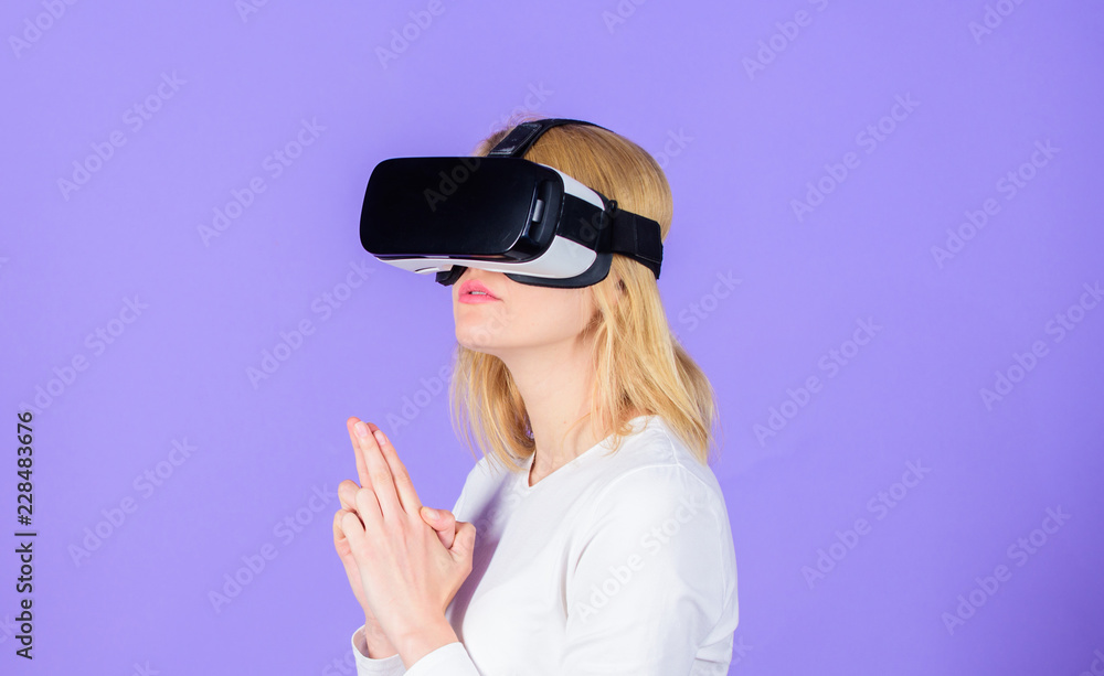 Enthralling interaction virtual reality. Woman head mounted display