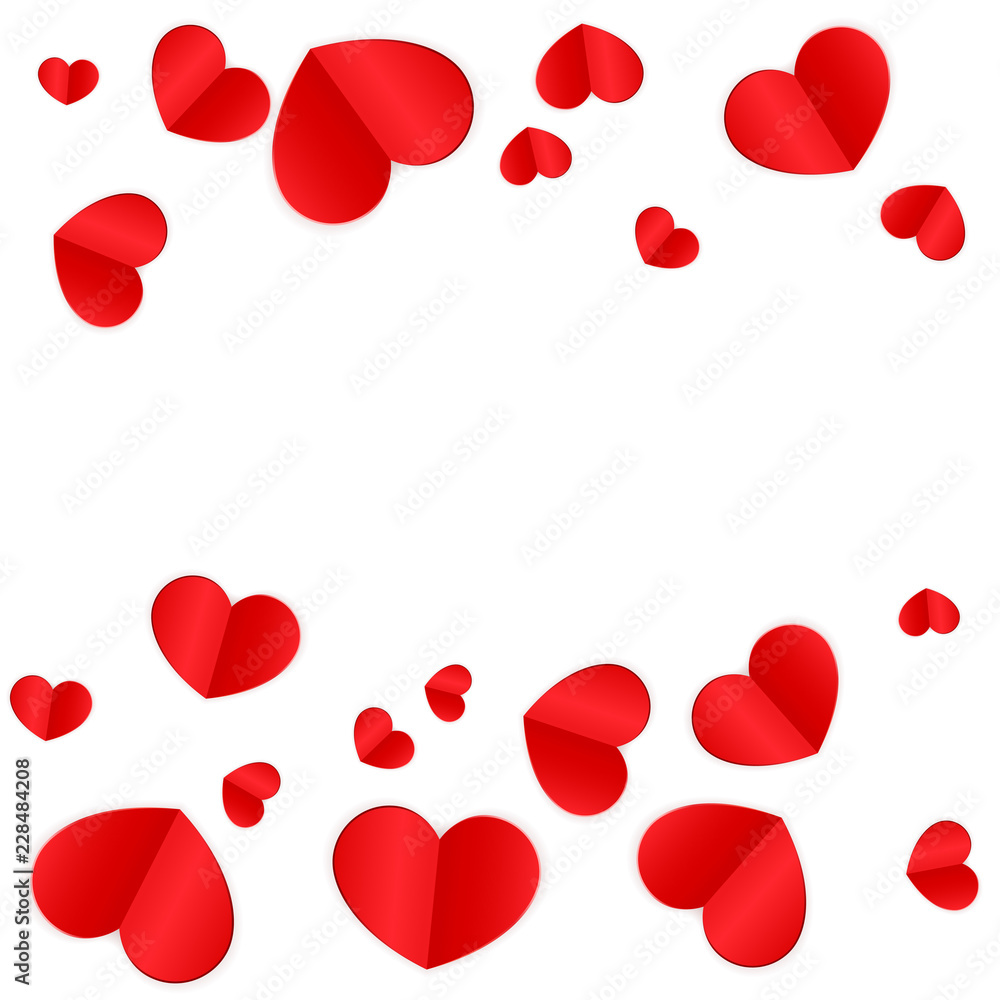 Red paper hearts confetti background.
