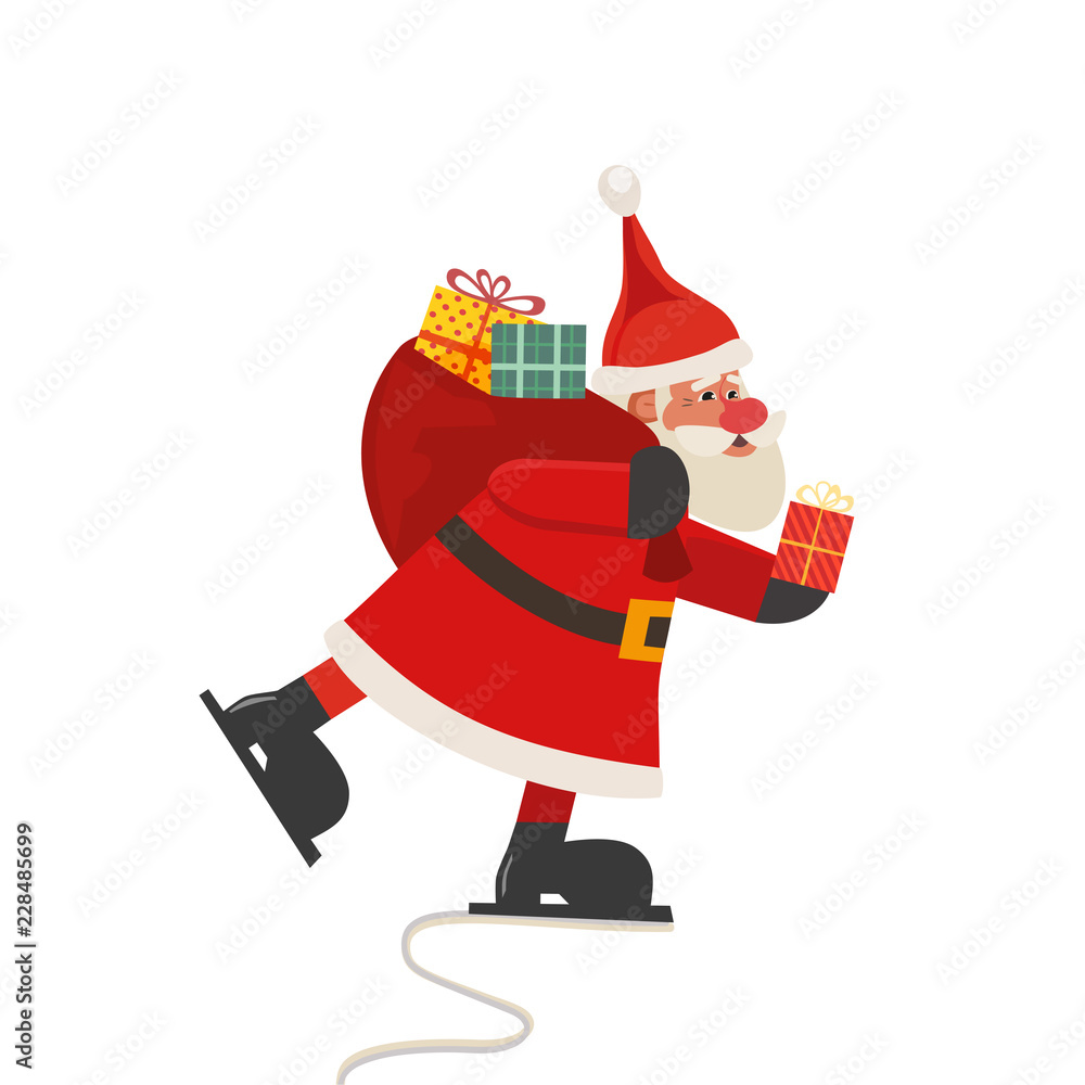 Santa Claus skating icon isolated on white. Cartoon cute character. Father  Christmas carrying sack with gifts. Template for winter season holiday  invitation celebration background. Vector Illustration Stock Vector | Adobe  Stock
