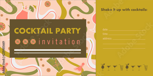 Cocktail party horizontal invitation template. Golden, pink and green colors