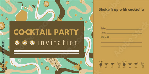 Cocktail party horizontal invitation card template with cocktails pattern. Golden and emerald colors