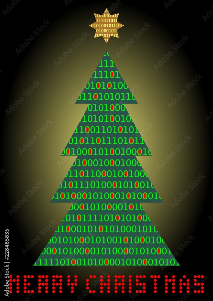Christmas tree, digital designed christmas card. Binar code in christmas  tree silhouette and diod inscription Merry christmas. Unusual design for  any computer company. Vector illustration Stock Vector | Adobe Stock