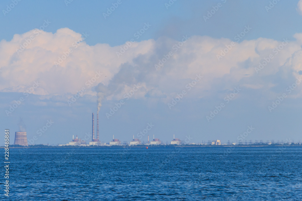 View of the Kakhovka Reservoir and Enerhodar town on horizon. Zaporizhia region, Ukraine