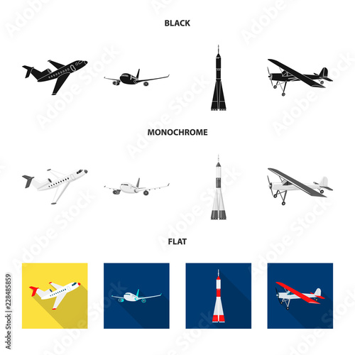 Vector illustration of plane and transport symbol. Set of plane and sky vector icon for stock.