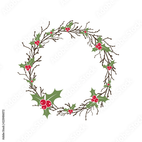 Wreath from black branches and twigs with red holly berries raceme.