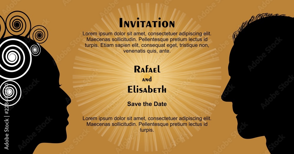 Wedding invitation with woman and man face silhouettes, black head silhouette on gold background with sun shape, Save the date, vector illustration