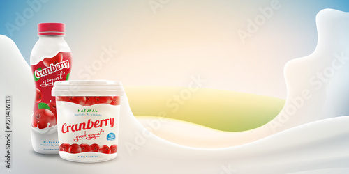 Cranberry yogurt ads with blank jar and bottle on bright background with milk splash commercial product mock-up vector realistic illustration