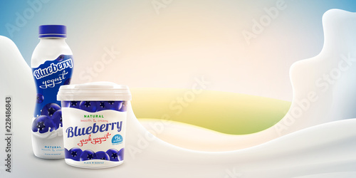 Blueberry yogurt ads with blank jar and bottle on bright background with milk splash commercial product mock-up vector realistic illustration