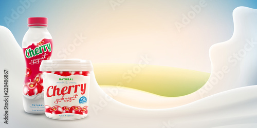 Cherry yogurt ads with blank jar and bottle on bright background with milk splash commercial product mock-up vector realistic illustration