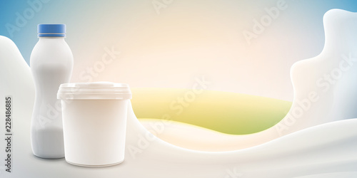 Cream or yogurt ads with blank jar and bottle on bright background with milk splash commercial product mock-up vector realistic illustration