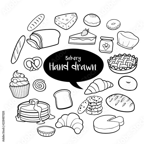 Bakery and dessert hand drawn doodles set