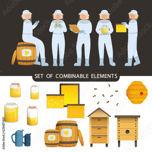 Beekeeper collects honey from bees. Beekeeper in a bee protection suit with a jar of honey.