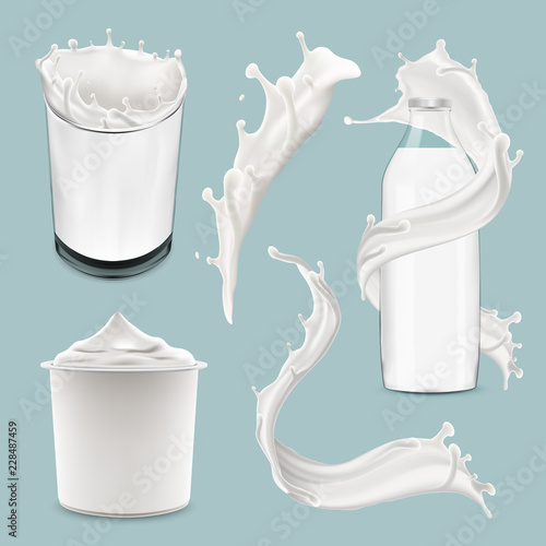 Set of splashing swirling and pouring milk, bottle, jug, glass, packaging carton, all objects isolated and can be edited separately