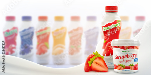 Strawberry drink yogurt bottle with greek yogurt jar and raw strawberry berries on bright background of many bottles and milk wave, ready for branding and commercial use, flyer realistic illustration