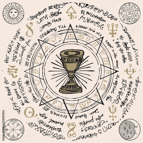 Vector banner on the theme of mysticism, magic, religion and the occultism. Hand drawn illustration of a Grail and other esoteric and masonic symbols on the background of an old illegible manuscript