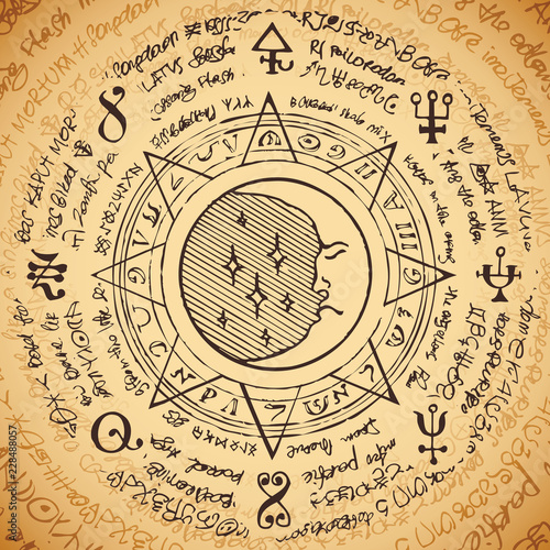 Illustration of the sun in an octagonal star with magical inscriptions and symbols on the beige background. Vector banner with old manuscript in retro style