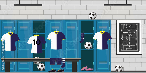 dressing room football,lockers,soccer clothes and balls,