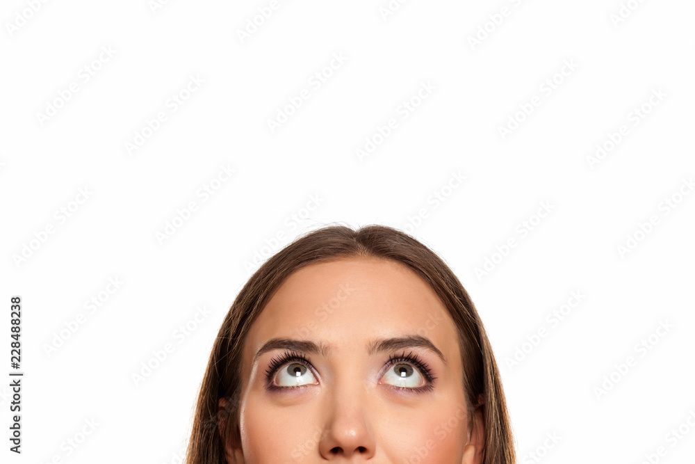 half portrait of a young girl looking up on white background half portrait of a young girl looking up on white background