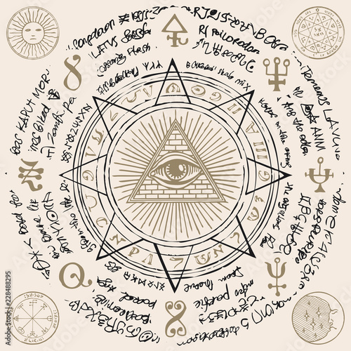 Vector banner with Eye of Providence. All-seeing eye inside triangle pyramid. Symbol Omniscience. Luminous Delta. Ancient mystical sacral illuminati symbol with magical inscriptions on beige backdrop photo