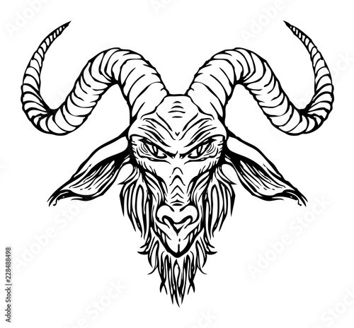 Vector illustration with a contour drawing of the head of a horned goat. The symbol of Satanism Baphomet on white background