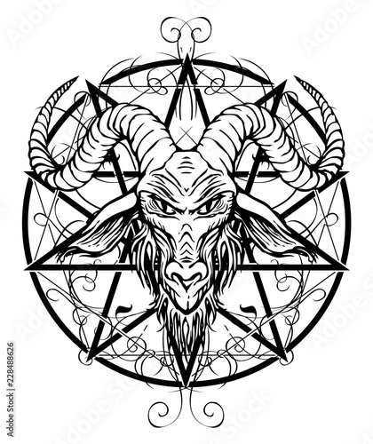 Vector illustration with a contour drawing of the head of a horned goat and pentagram with curlicues inscribed in a circle. The symbol of Satanism Baphomet on white background