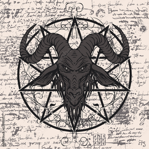 Vector banner with illustration of the head of a horned goat and pentagram with curlicues inscribed in a circle. The symbol of Satanism Baphomet on the background of old manuscript in retro style