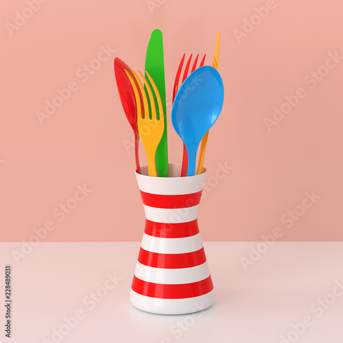 Multicolored forks, spoons and knifes in a striped red-white cup on a pink background. 3d illustration