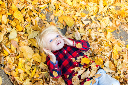 little girl with blue eyes plays leaves autumn sunny day