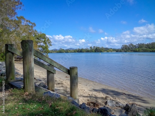 Stairs and beach next to a lake in NSW, Australia
