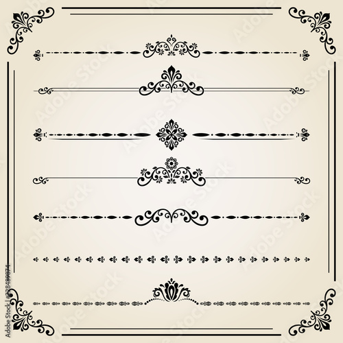 Vintage set of vector decorative elements. Horizontal separators in the frame. Collection of different ornaments. Classic black patterns. Set of vintage patterns
