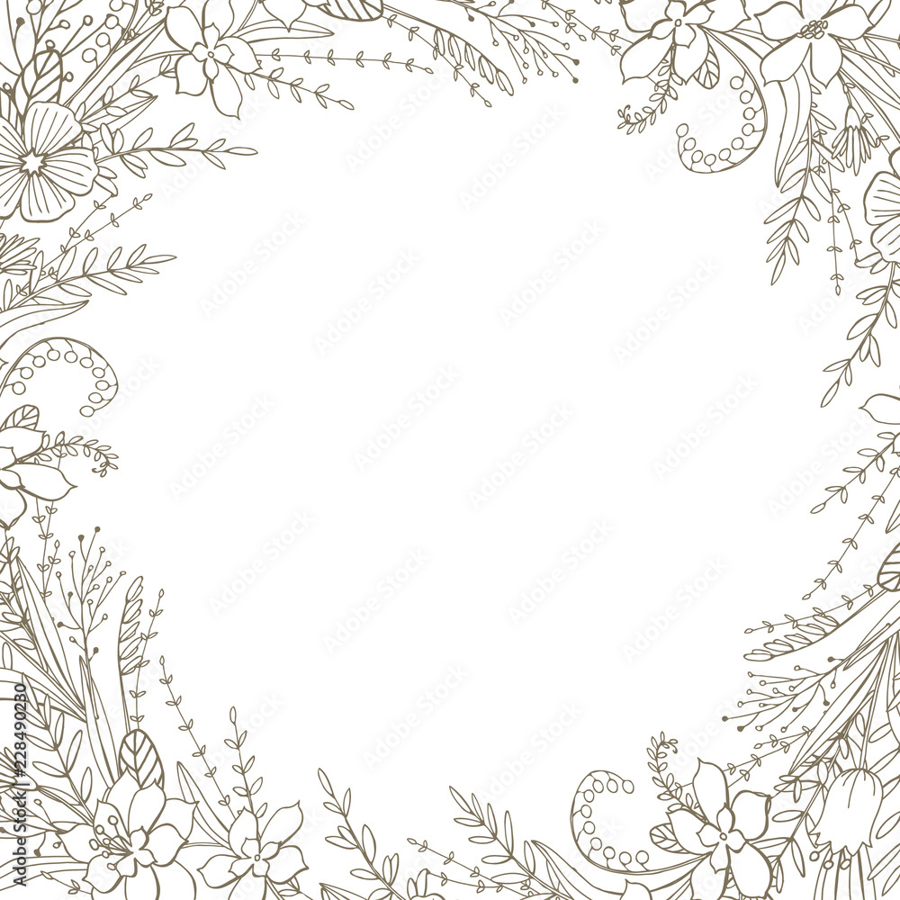Round frame with flowers and herbs in neutral color Round frame with flowers and herbs in neutral color