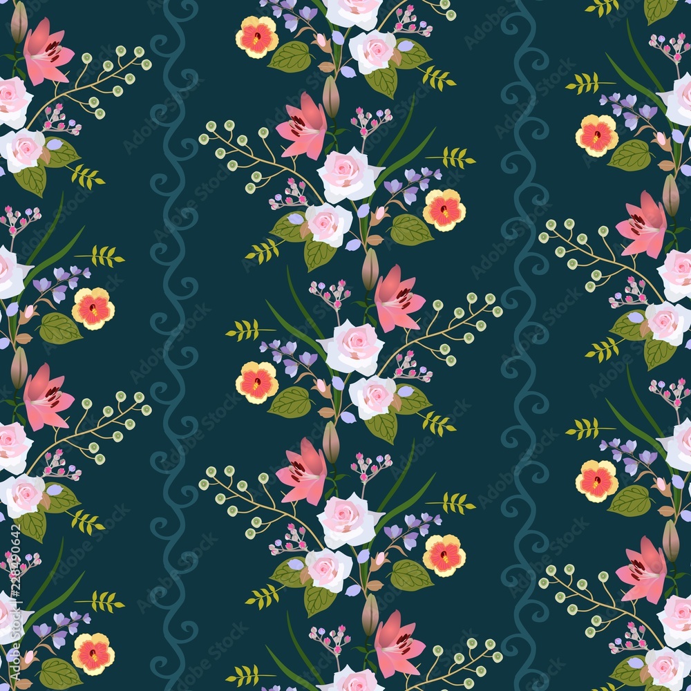 Seamless square natural pattern with floral garlands and abstract waves on dark background.