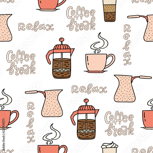 Seamless pattern with coffee time symbols and handwritten phrases