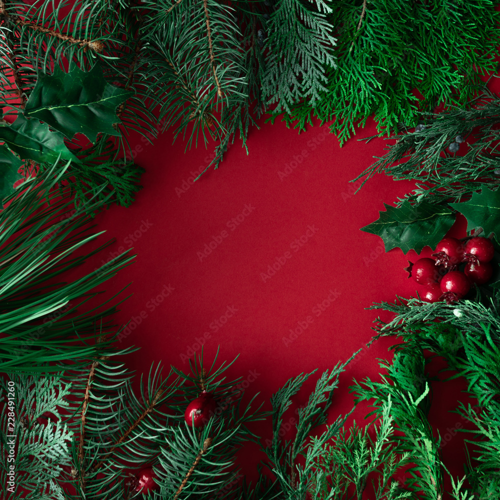 Red Christmas background with winter decoration, tree branches and leaves. Holiday copy space layout.