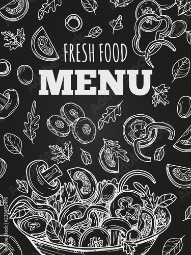 Chalkboard fresh food menu vector template. Menu cover design with hand drawn salad and vegetables illustration