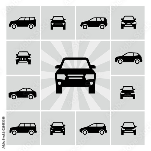 Side and front view car silhouettes vector icons of set