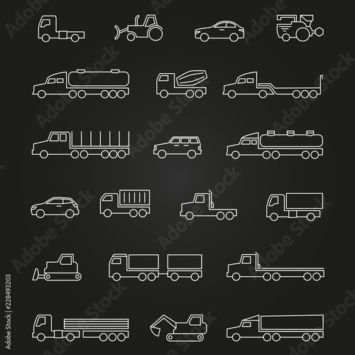 Trucks, cars, construction machines white line icons set isolated on black. Vector illustration