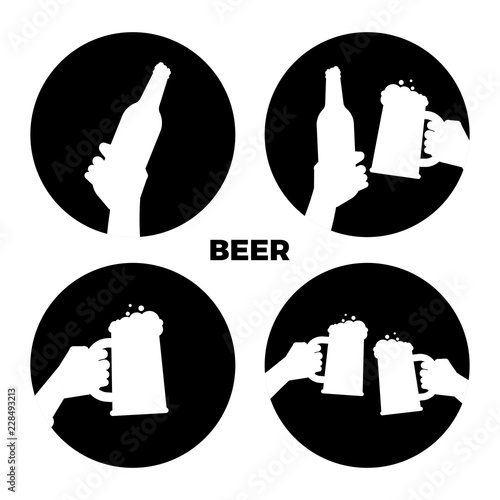 Vector beer icons of set. Black and white beer in hands silhouettes isolated illustration monochrome