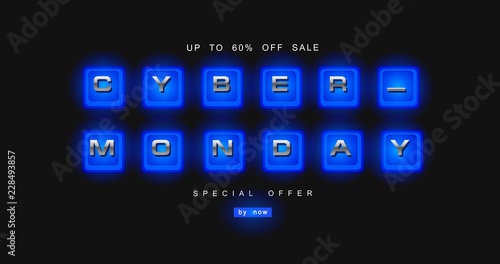 Cyber monday, mechanical panel letters. Typography, font. Digital author font, cyber font. Big sale, creative template.