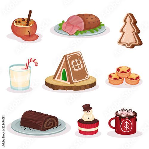 Traditional Christmas food and desserts set, baked stuffed apple, grilled ham, gingerbread cookies, chocolate roll cake, cacao with marshmallow vector Illustration