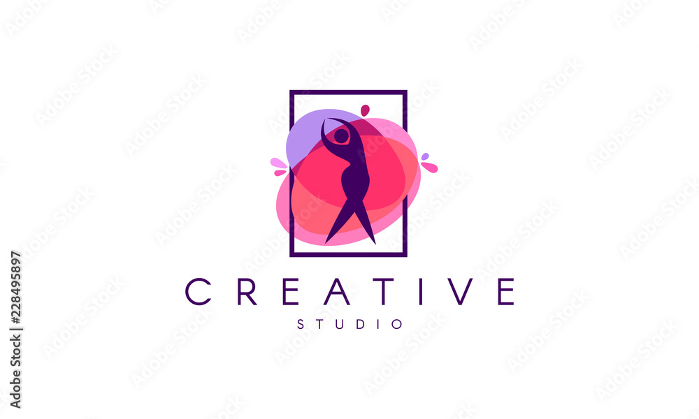 Dance logo. Dance studio logo design.  Fitness class banner background with symbol of abstract stylized gymnast girl in dancing pose.
