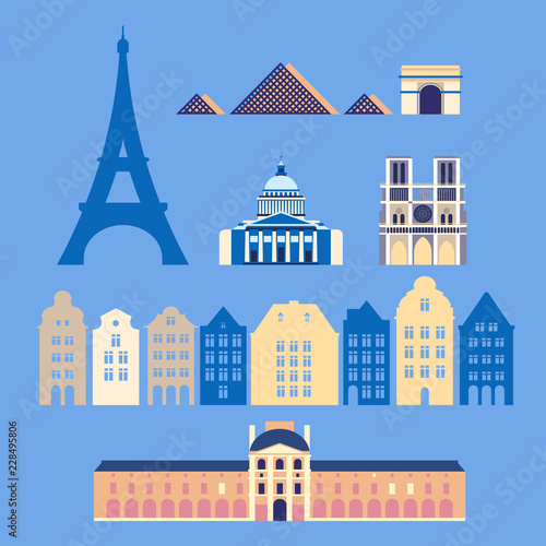 France, the city of Paris. The architecture of the city. Eiffel Tower, Notre Dame de Paris cathedral, Louvre, triumphal arch, pantheon. Set, collection. photo