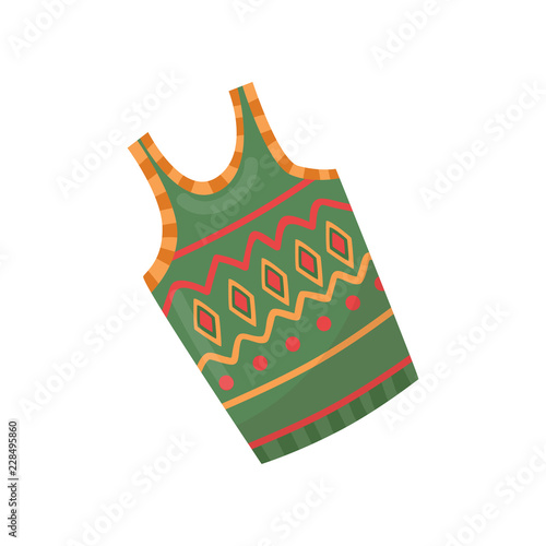 Green warm woolen vest with colorful pattern. Garment for cold season. Winter clothing. Flat vector design