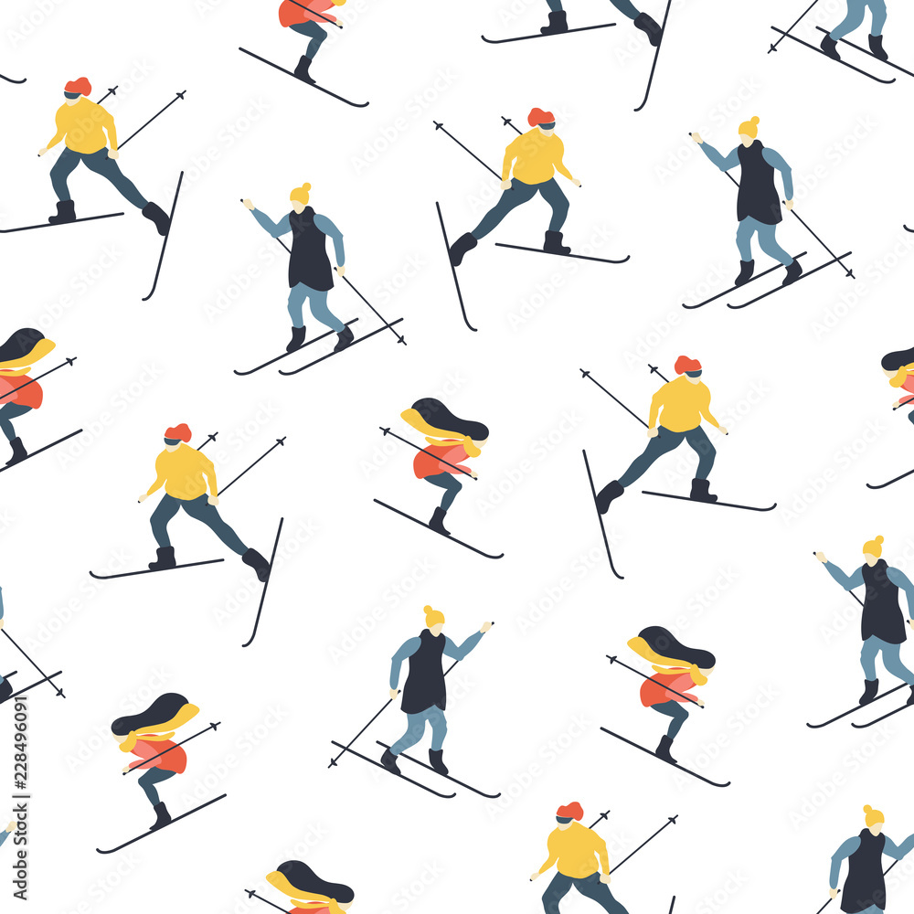 Seamless pattern with people skiing. Women and men go in for winter sports. Vector illustration.